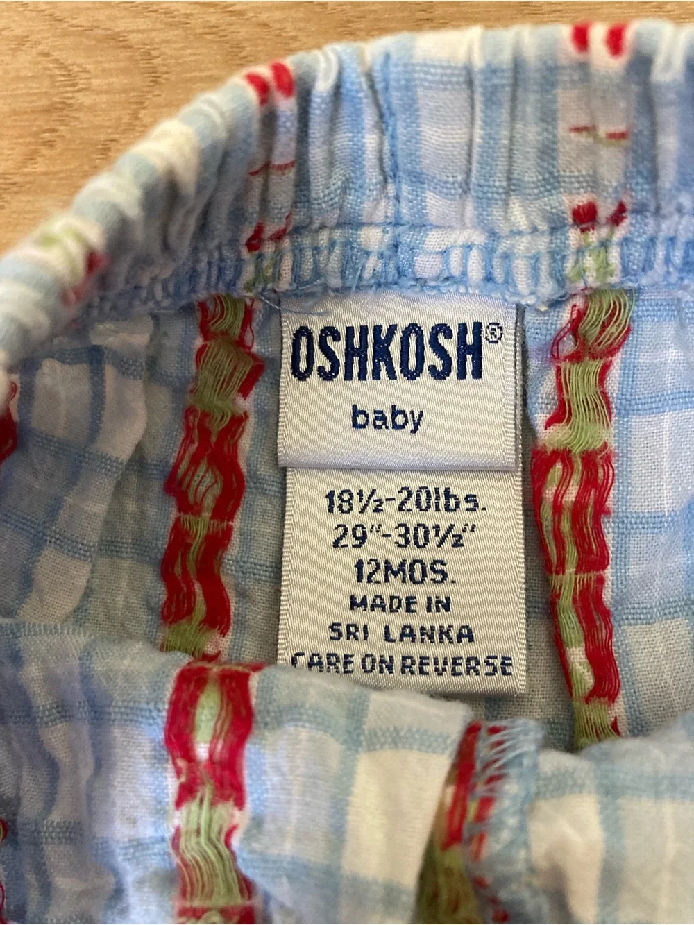 Vintage OshKosh Light Blue Gingham Shorts with Red Cherry Print